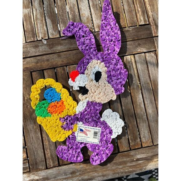 Vintage Melted Plastic Popcorn 1970’s Purple Easter Bunny Basket Eggs Decoration - Picture 3 of 4